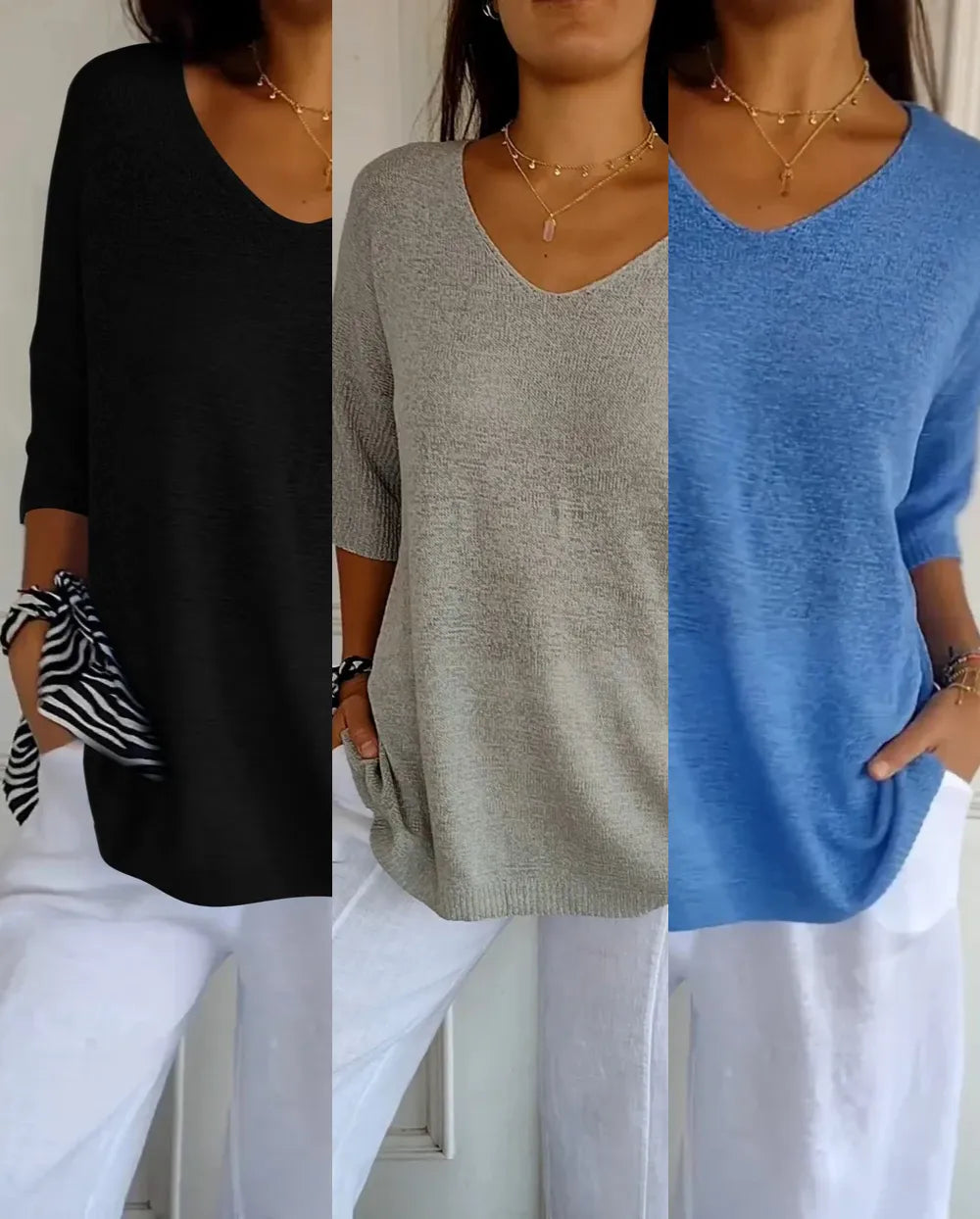 Kit 3 Blusas Luna® em Malha Leve – Decote V — Iris Bela