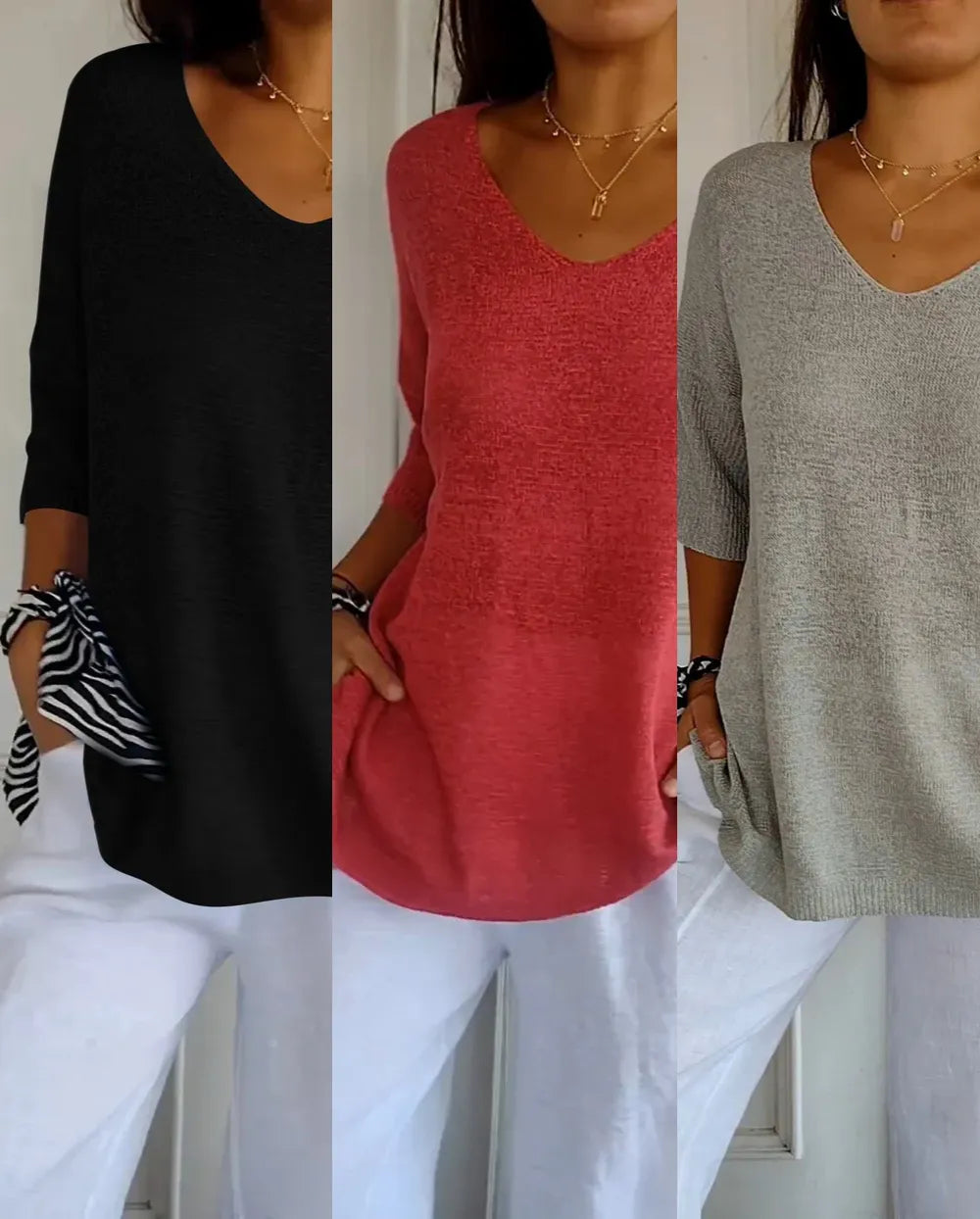 Kit 3 Blusas Luna® em Malha Leve – Decote V — Iris Bela