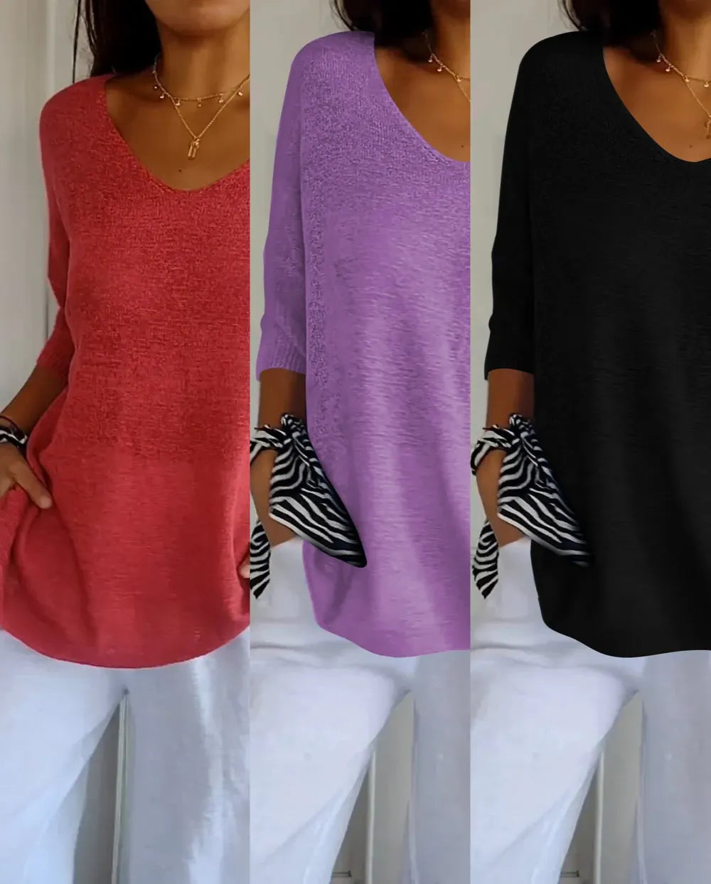 Kit 3 Blusas Luna® em Malha Leve – Decote V — Iris Bela