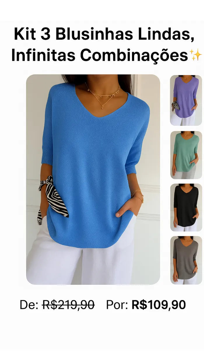 Kit 3 Blusas Luna® em Malha Leve – Decote V — Iris Bela