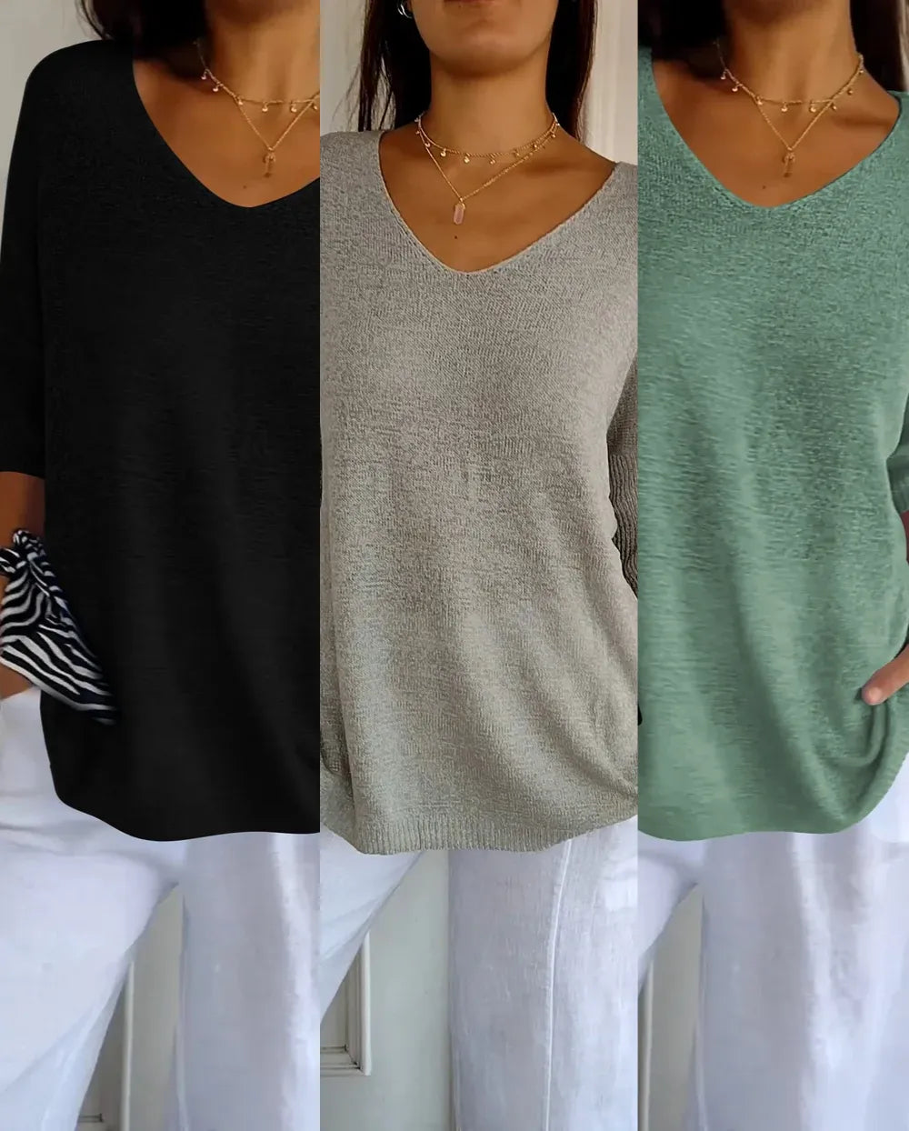 Kit 3 Blusas Luna® em Malha Leve – Decote V — Iris Bela