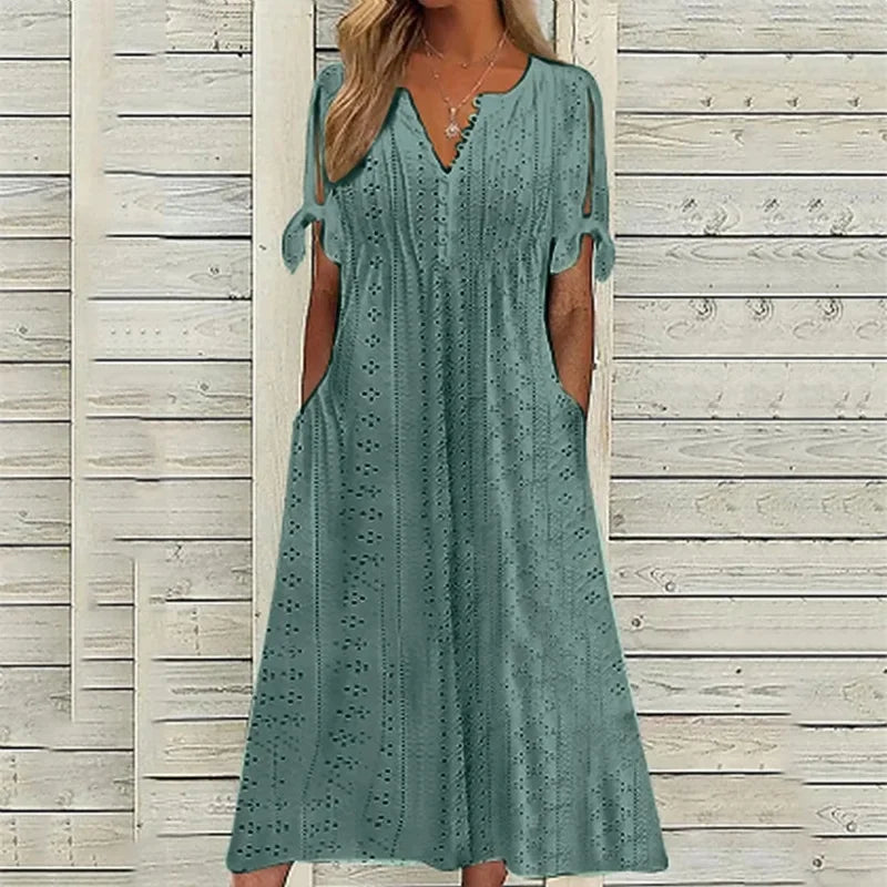 Vestido de Renda Jana - Gola em V de Manga Curta — Iris Bela