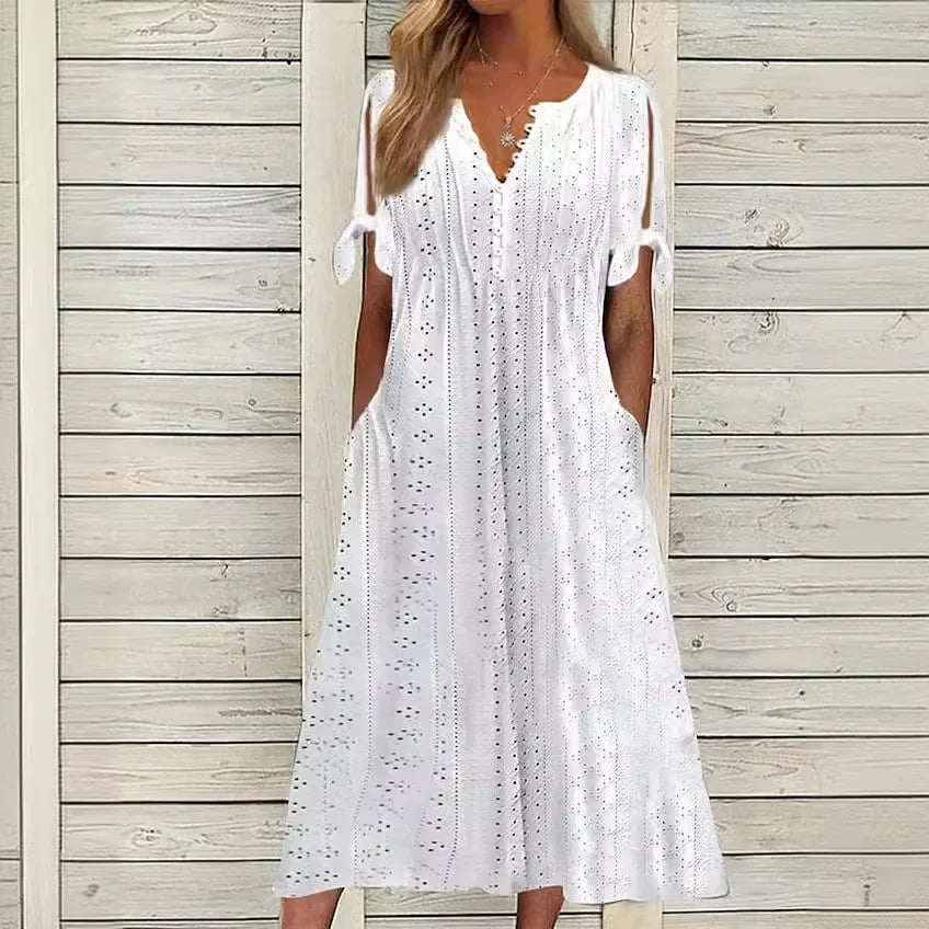 Vestido de Renda Jana - Gola em V de Manga Curta — Iris Bela