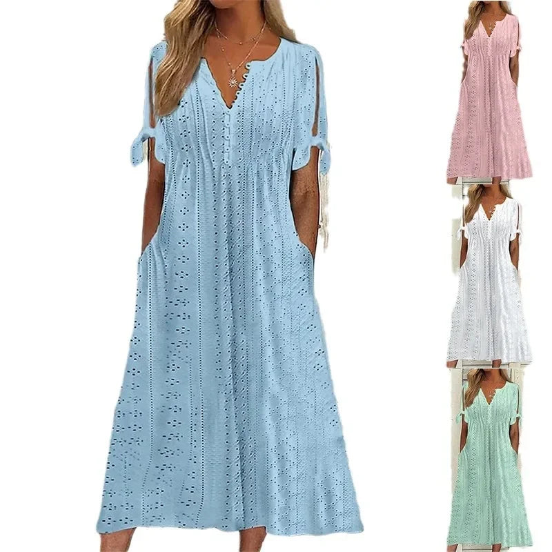 Vestido de Renda Jana - Gola em V de Manga Curta — Iris Bela