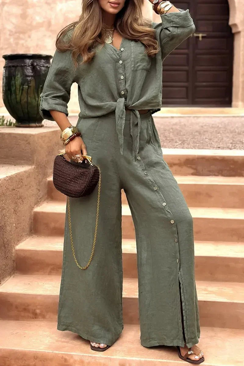 Conjunto Luna em Linho Natural - Modelagem Pantalona e Tecido Respirável — Iris Bela