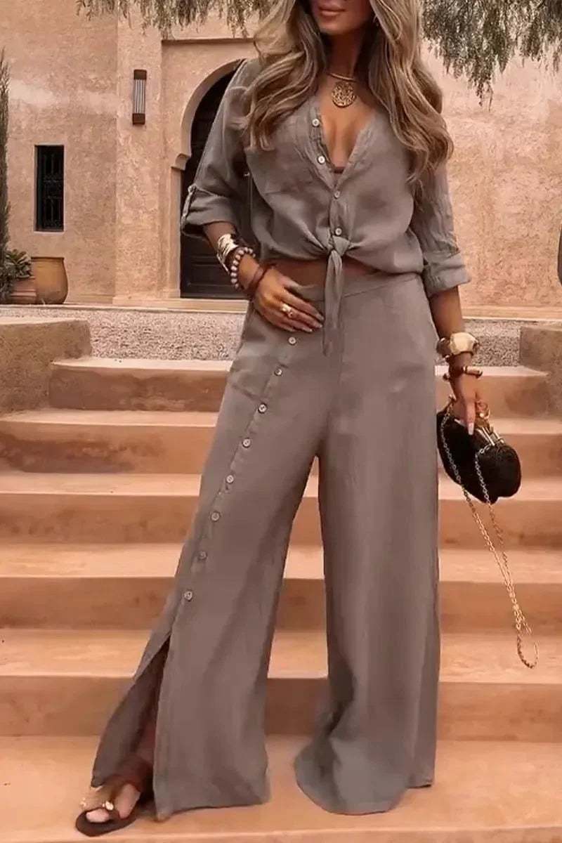 Conjunto Luna em Linho Natural - Modelagem Pantalona e Tecido Respirável — Iris Bela