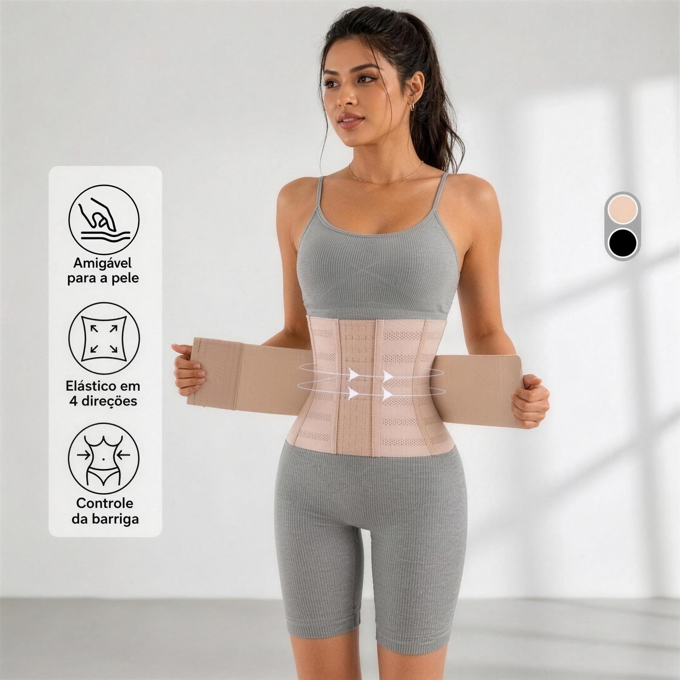 Cinta Modeladora CurveFit Bege — vista frontal com benefícios — Iris Bela
