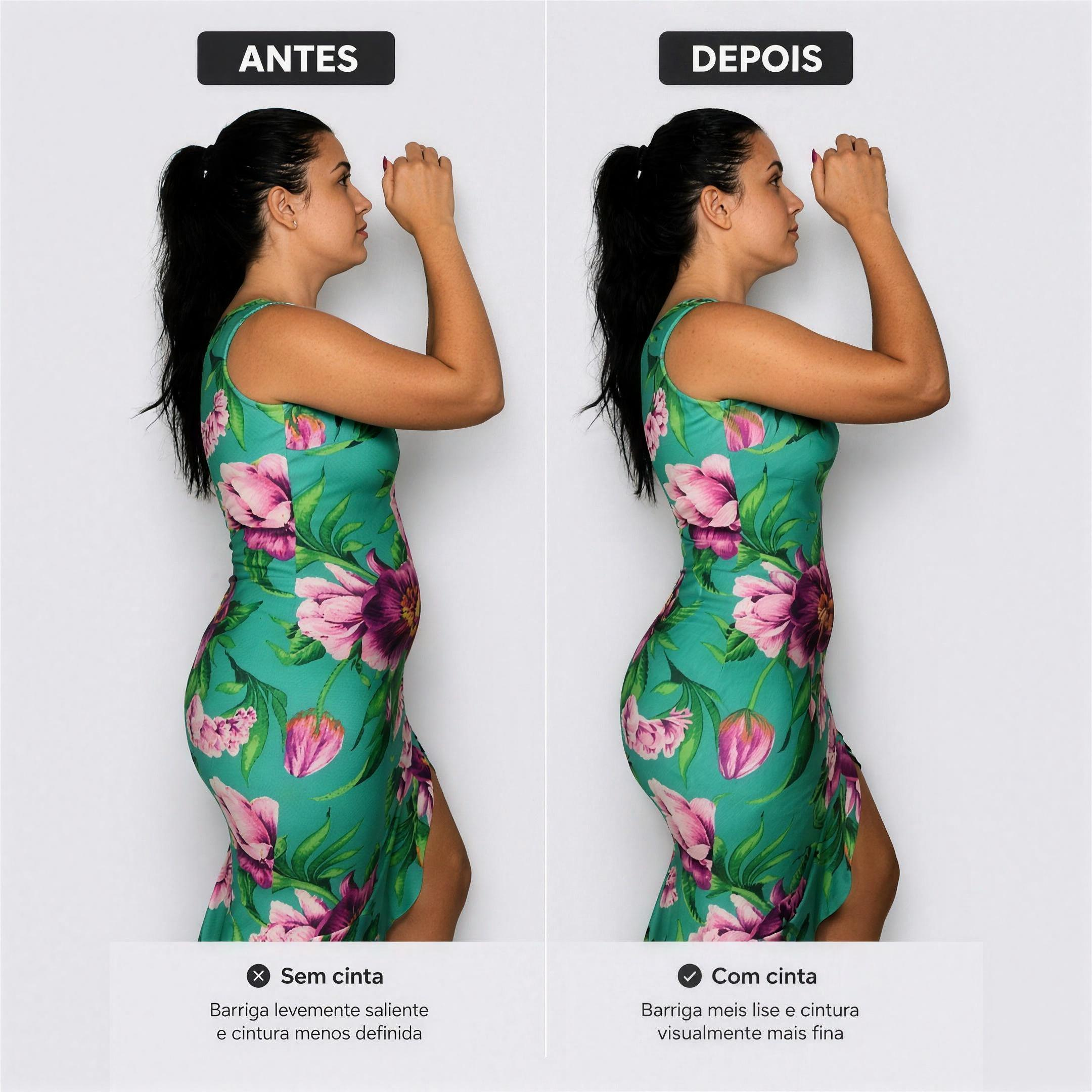 Cinta Modeladora CurveFit — antes e depois com vestido floral — Iris Bela