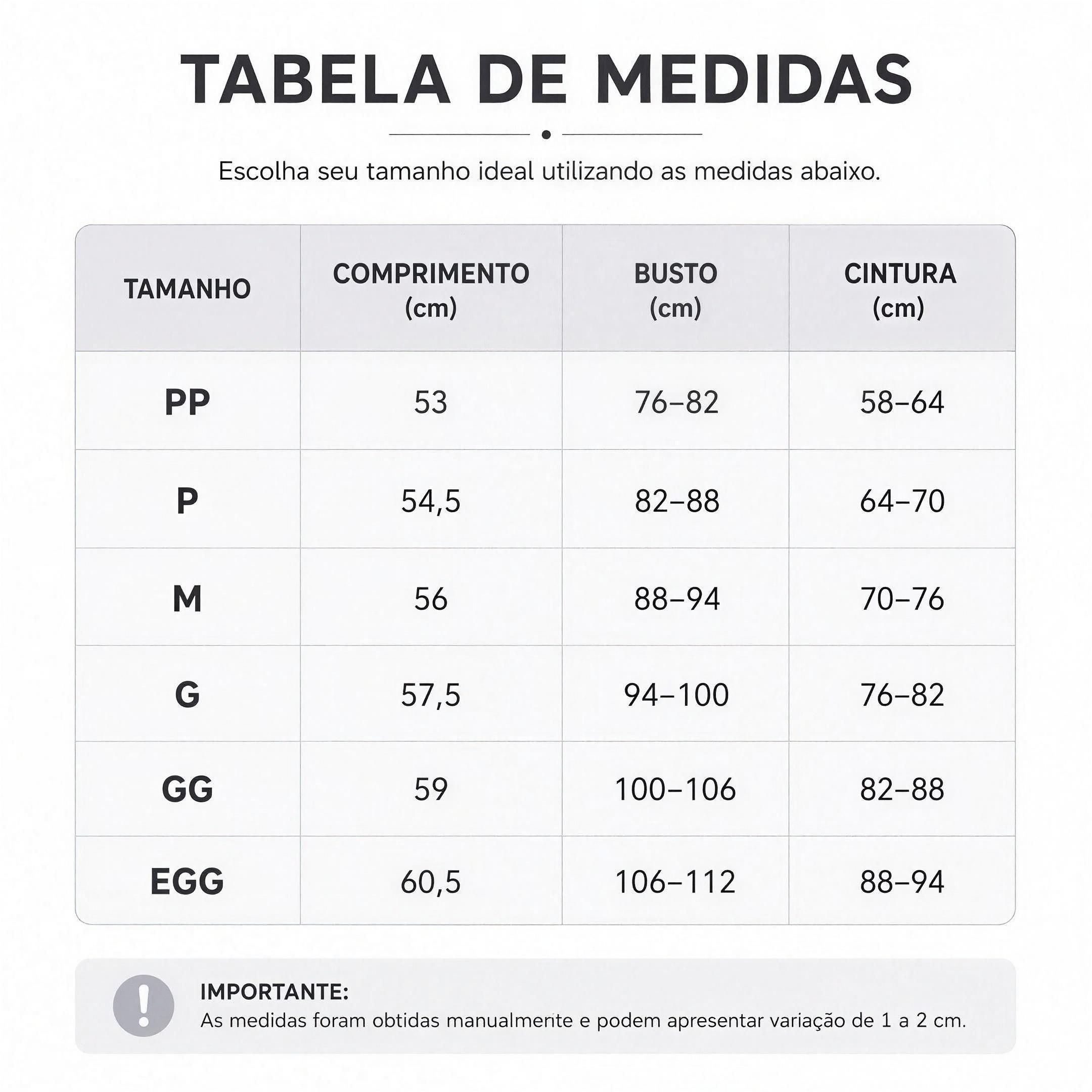 Cinta Modeladora CurveFit — tabela de medidas P ao GG — Iris Bela
