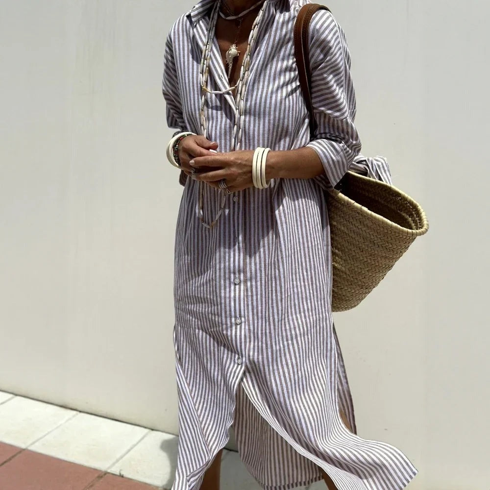 Vestido Bellavita Com Listras Verticais e Caimento Fluido